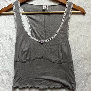 Grey Lace Coquette Cropped Tank Top with Lettuce Trim and Purple Rose Detail